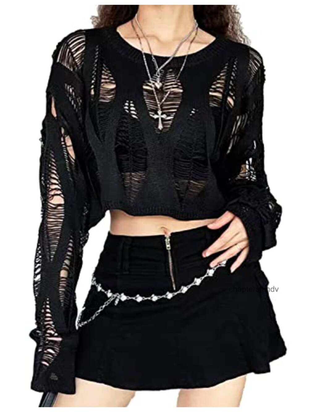 Womens See Through Ripped Knit Crop Sweater Pullover